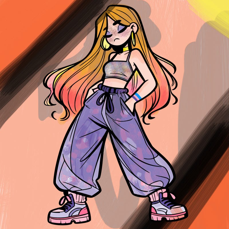 girl in baggy pants crop top and long hair