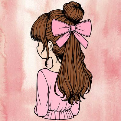 realistic girl  with hip length hair a bun and a big bow on the back of head