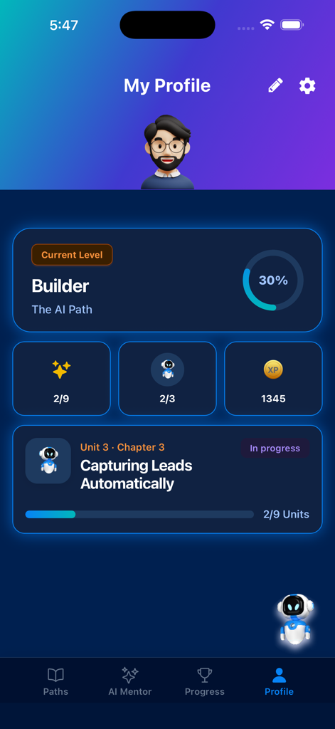 brAInify App - Profil-Dashboard der brAInify-App, das den Lernfortschritt und die XP-Punkte anzeigt.