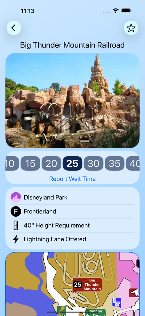 Wait Times for Disneyland - App interface displaying wait times and ride requirements for Big Thunder Mountain Railroad.
