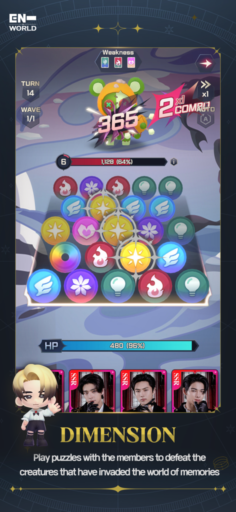 ENHYPEN WORLD : ETERNAL MOMENT - A match 3 puzzle battle screen in the Dimension mode of ENHYPEN WORLD featuring collectible member cards and creature combat
