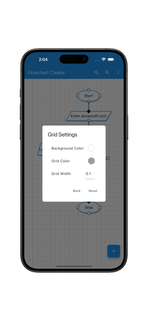 Flowchart Creator(Pro) - Flowchart Creator Pro app interface showing the grid settings customization menu on an iPhone.
