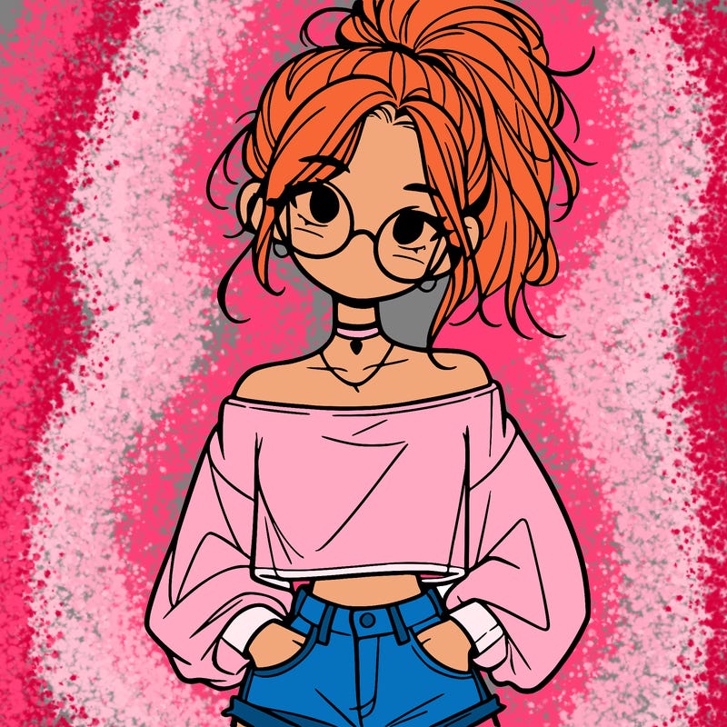 girl with a messy ponytail glasses a baggy crop top and jean shorts