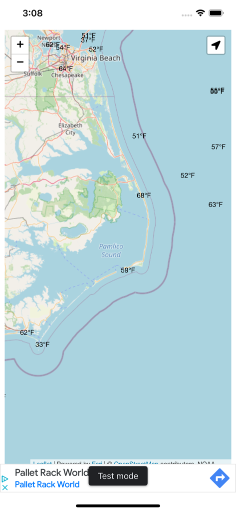 Ocean Water Temperatures - Map displaying real time ocean water temperatures near Virginia Beach and Pamlico Sound
