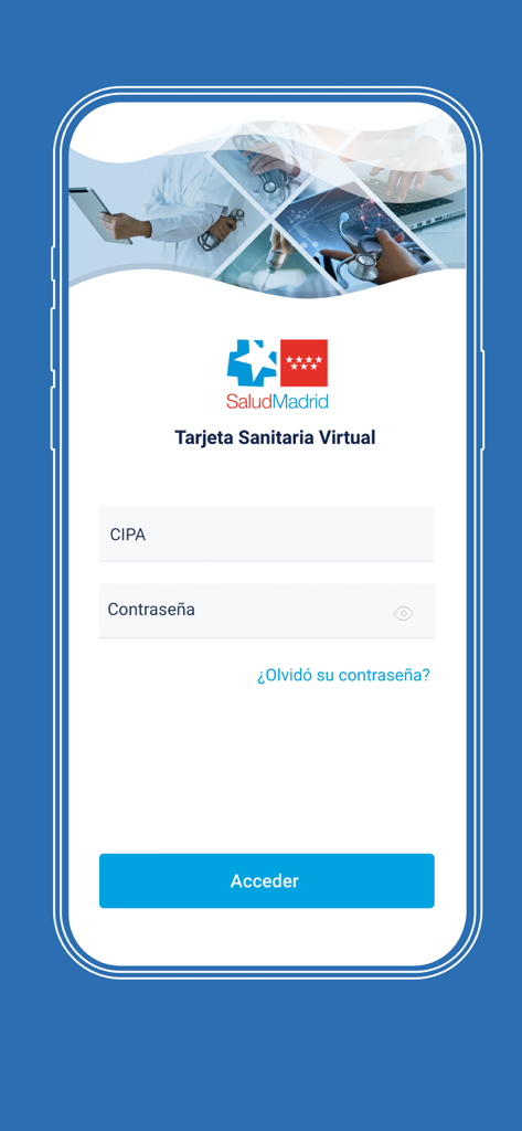 Login screen of the Tarjeta Sanitaria Virtual app featuring fields for CIPA and password with the Salud Madrid logo