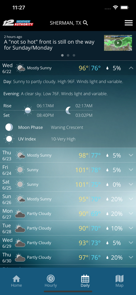 KXII Weather Authority App - KXII Weather Authority App daily forecast screen for Sherman Texas