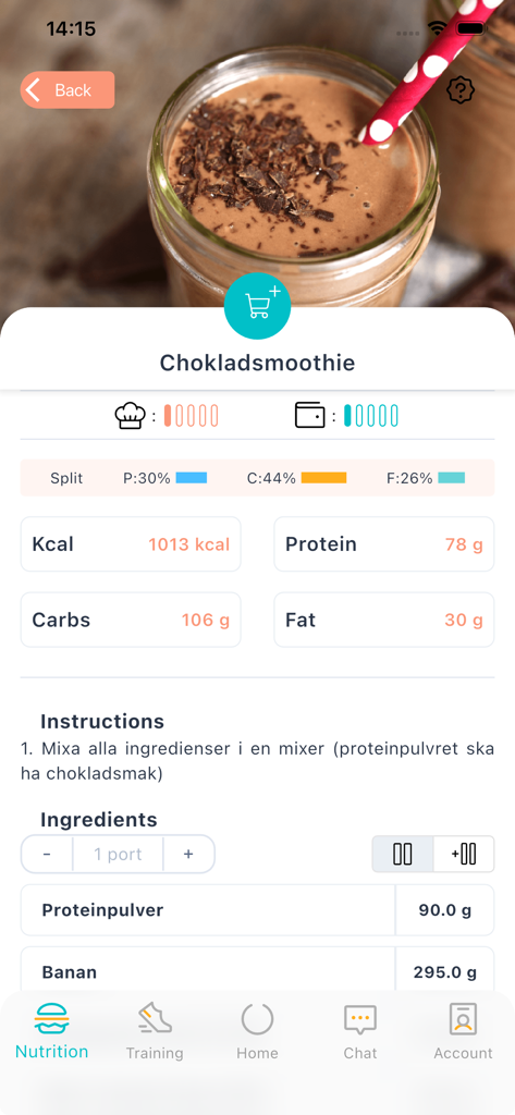 KORE by KOROS - Ein Rezeptbildschirm für einen Schokoladen-Smoothie in der KORE-App mit detaillierten Nährwertangaben und Makroaufschlüsselungen.