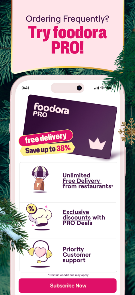 Foodora PRO Abonnement-Bildschirm mit Vorteilen wie unbegrenzter kostenloser Lieferung und exklusiven Rabatten