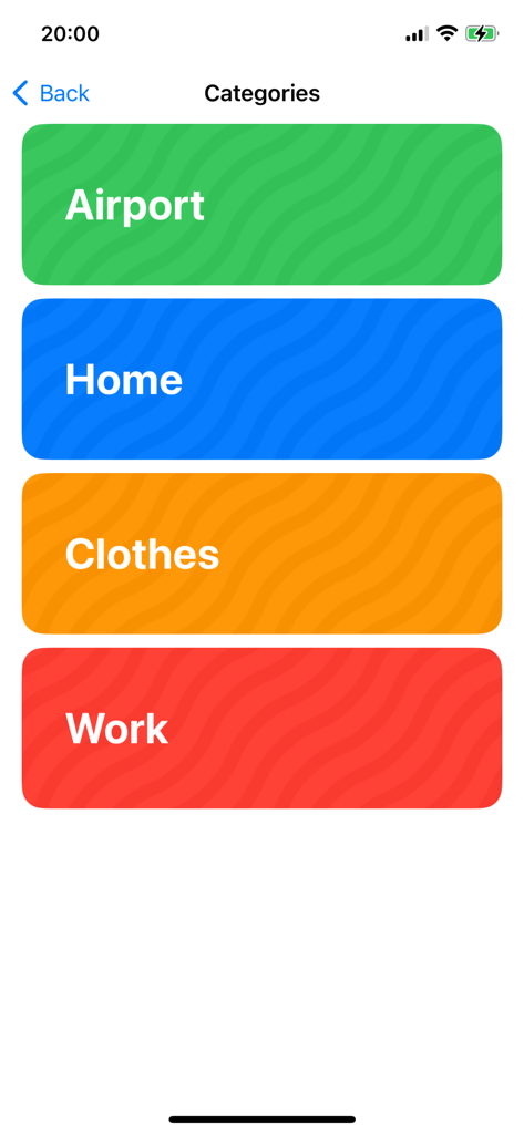 Word Coachアプリの画面。空港、家、服、仕事などの語彙カテゴリーが表示されています。