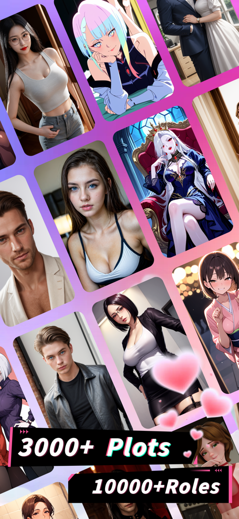 Plotto - AI Chat & Dating - A collection of diverse AI character cards in the Plotto app featuring over 10000 roles and 3000 plots