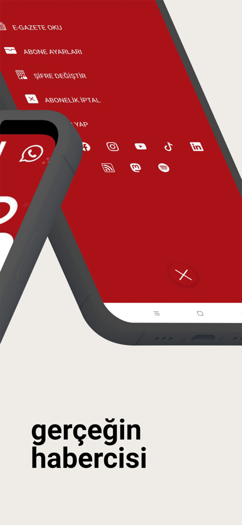 Evrensel Gazetesi - Settings menu of the Evrensel Gazetesi app showing subscription options and social media icons.