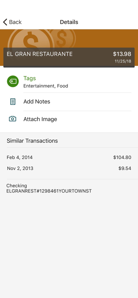 TruStone Mobile - Transaction details view in the TruStone Mobile app showing a restaurant expense and previous transactions.