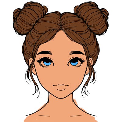 realistic girl with two buns on top of her head