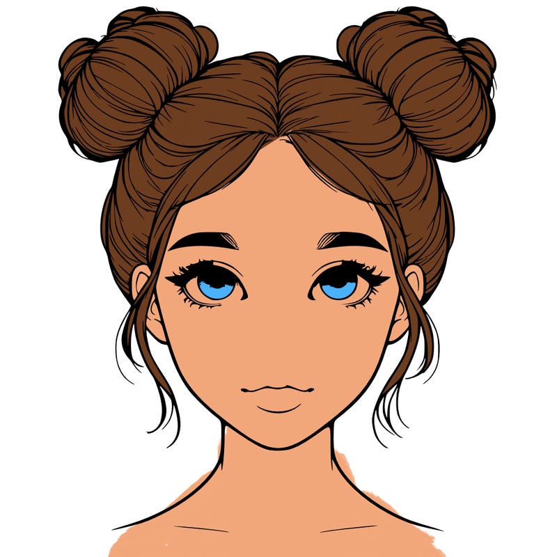 realistic girl with two buns on top of her head