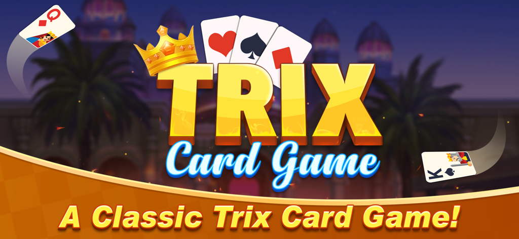 Trix Card Game main menu featuring a crown and playing cards with a palace background