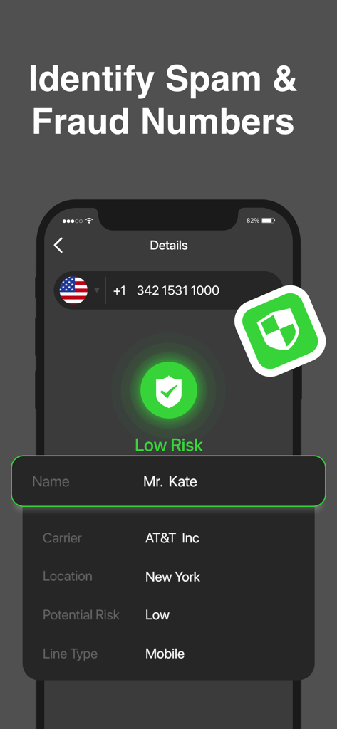 Find Caller app interface showing low risk caller identification with name and location details