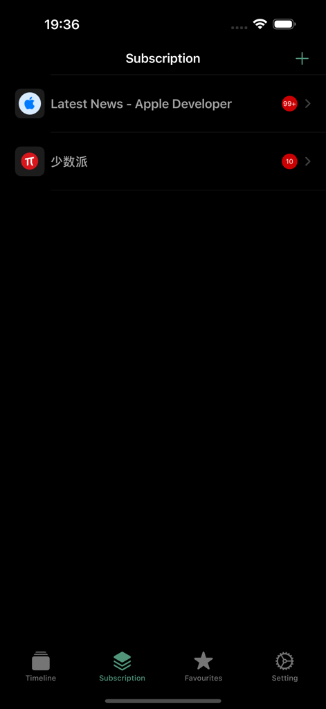 MineRSS - Minimal RSS reader - Lista de assinaturas no aplicativo MineRSS mostrando feeds de notícias e contagens de artigos não lidos em modo escuro