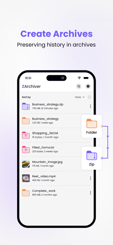 ZArchiver - Zip UnZip - ZArchiver mobile app interface showing a file list and the process of converting a folder into a zip archive