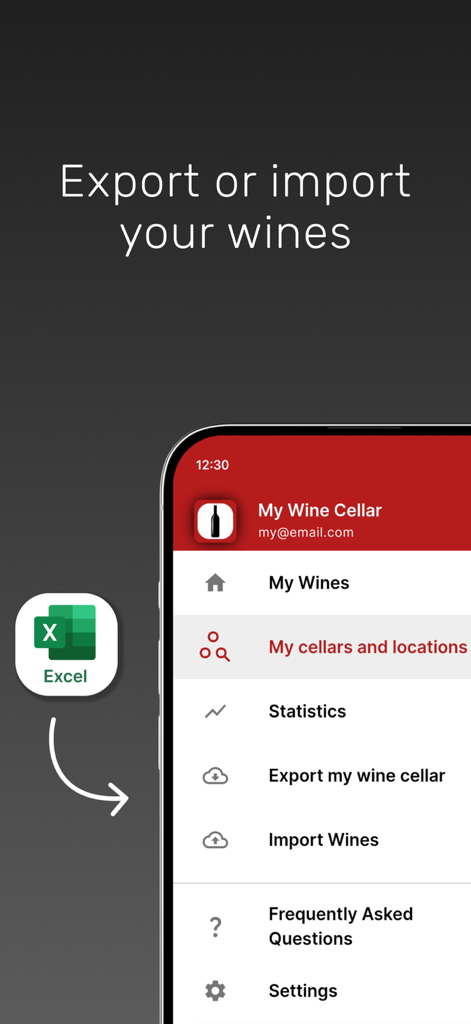 My wines cellar - Mobile app interface showing options to import or export wine cellar data using Excel