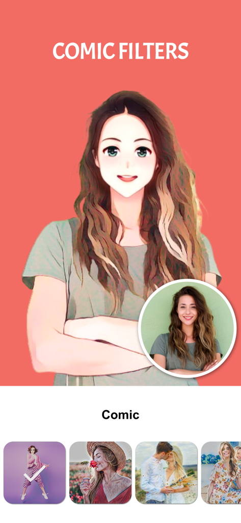 Cartoon face maker：Photo Art - コミックフィルターを使用して、女性の写真をアニメ風キャラクターに変換したもの
