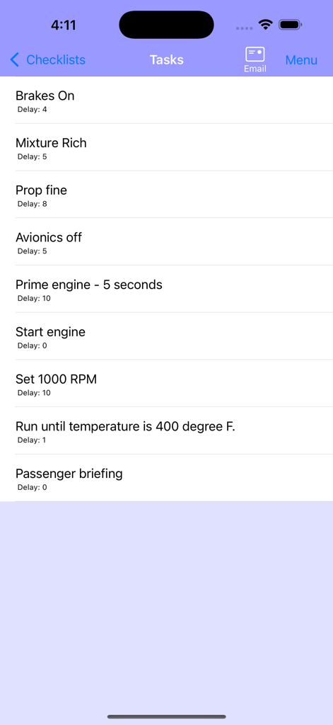 Pilot Checklist - A mobile app interface displaying a list of aviation flight tasks and procedures with delay times