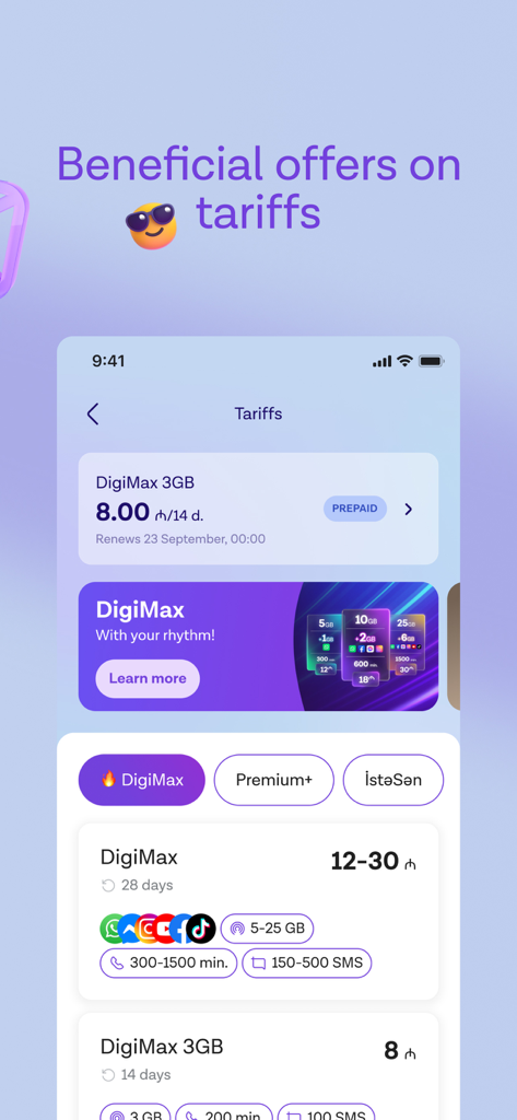 Azercell - Azercell mobile app screen displaying beneficial tariff offers and internet packages
