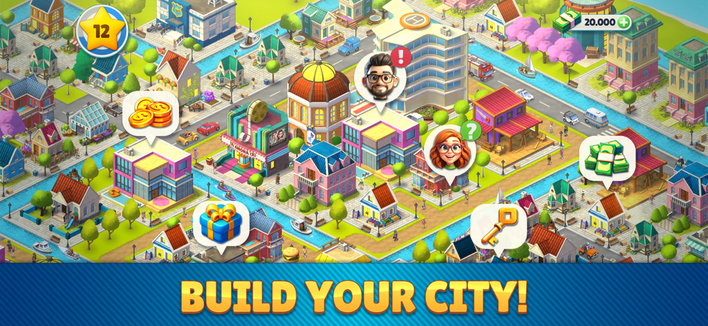 Cozy Town: City Building Game - Colorful isometric view of a thriving town with houses and water features in Cozy Town mobile game