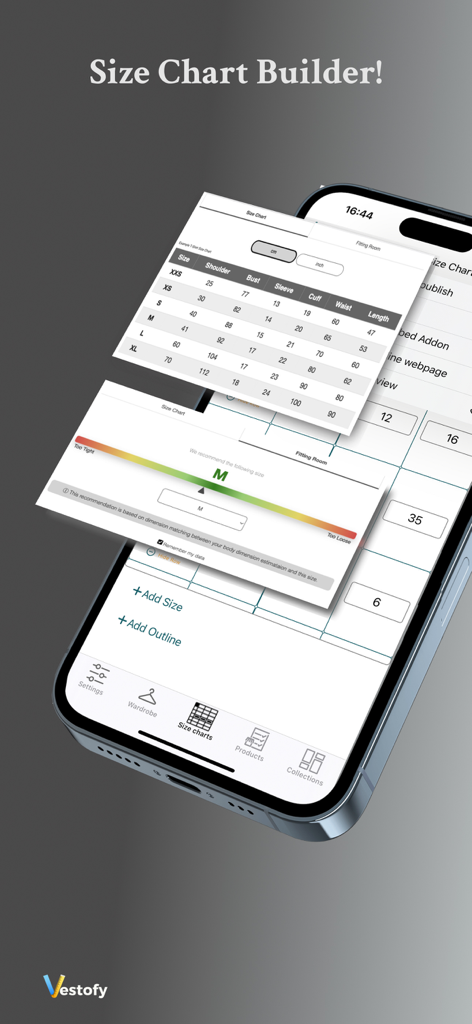 Size Guide Builder | Vestofy - Vestofy App-Oberfläche, die einen Größentabellen-Ersteller und intelligente Passformempfehlungen auf einem Mobiltelefon anzeigt