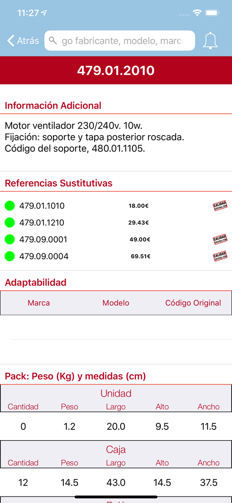 Technical specifications and substitute parts for a fan motor shown in the REMLE mobile app