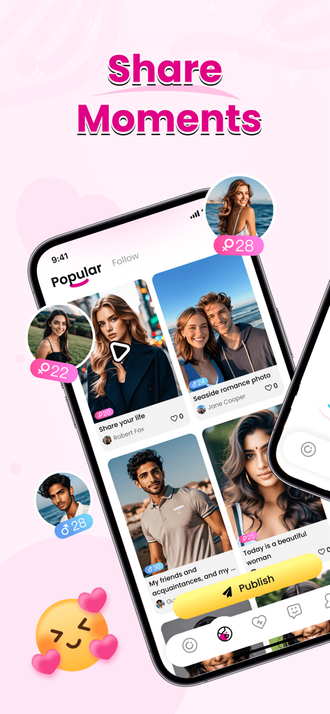Tovio-Subculture Chat, Video - Captura de pantalla de la aplicación Tovio que muestra el feed de momentos populares con varias tarjetas de perfil de usuario y fotos.