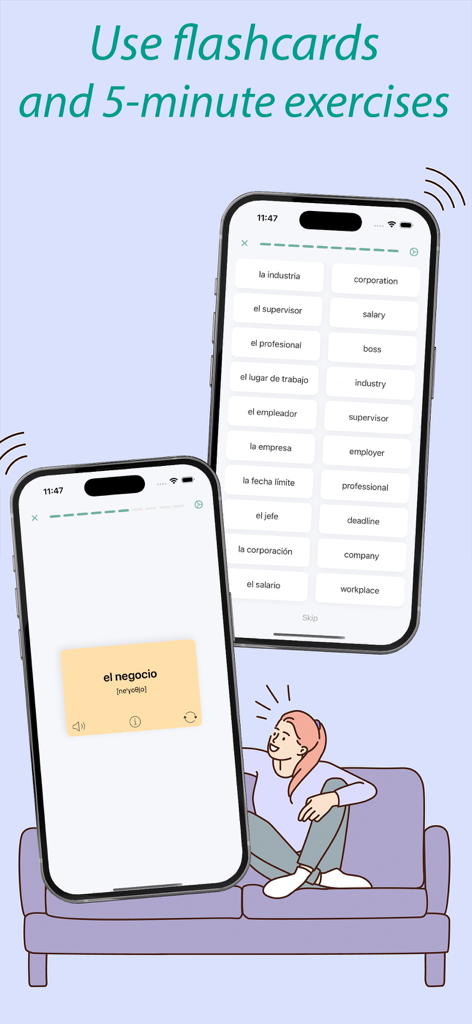 My Words: Vocabulary builder - Mobile app screens showing Spanish flashcards and vocabulary matching exercises for language learning.