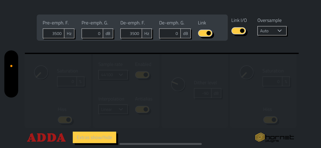 HoRNetADDA - HoRNetADDA audio plugin interface showing pre-emphasis and de-emphasis filter settings