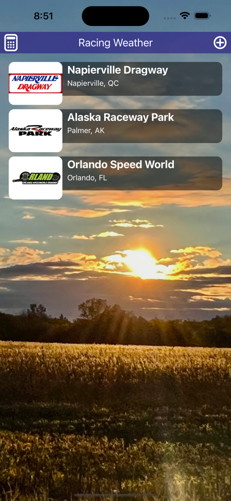 Racing Weather - Racing Weather app screen showing a list of saved racetracks for quick access to weather data