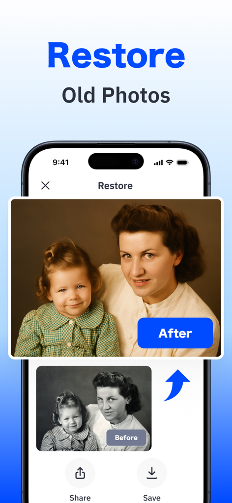 Boost Cleaner: Cleanup Storage - A demonstration of the Boost Cleaner app showing an AI restoration of an old black and white photo of a mother and child into a colorized and sharp version.