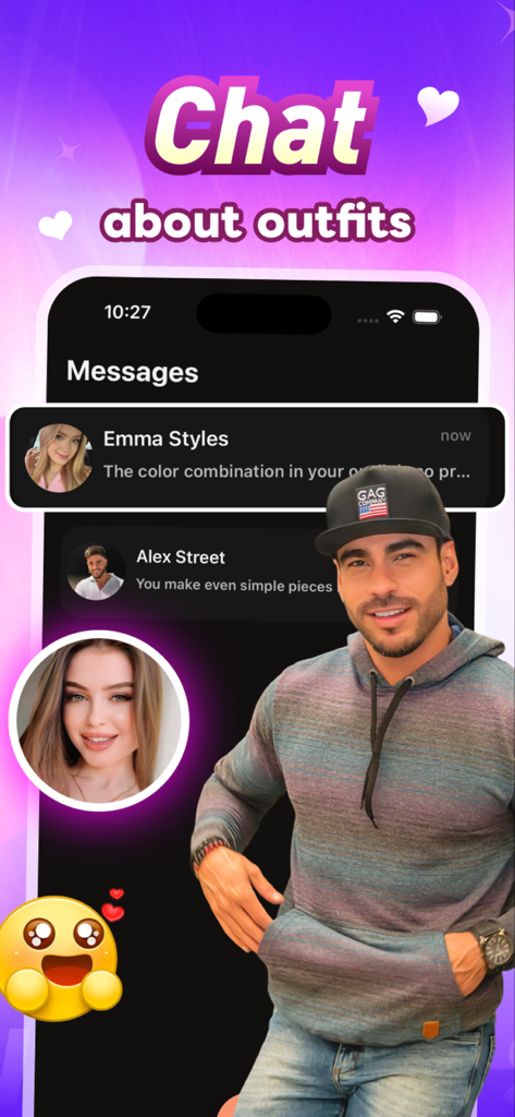 Duette - Video&Chat - Una interfaz de aplicación móvil para Duette que muestra mensajes de chat entre entusiastas de la moda sobre estilos de outfits.