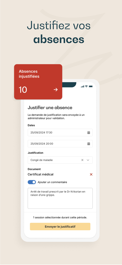 Edusign Student - User interface for submitting an absence justification in the Edusign Student app.