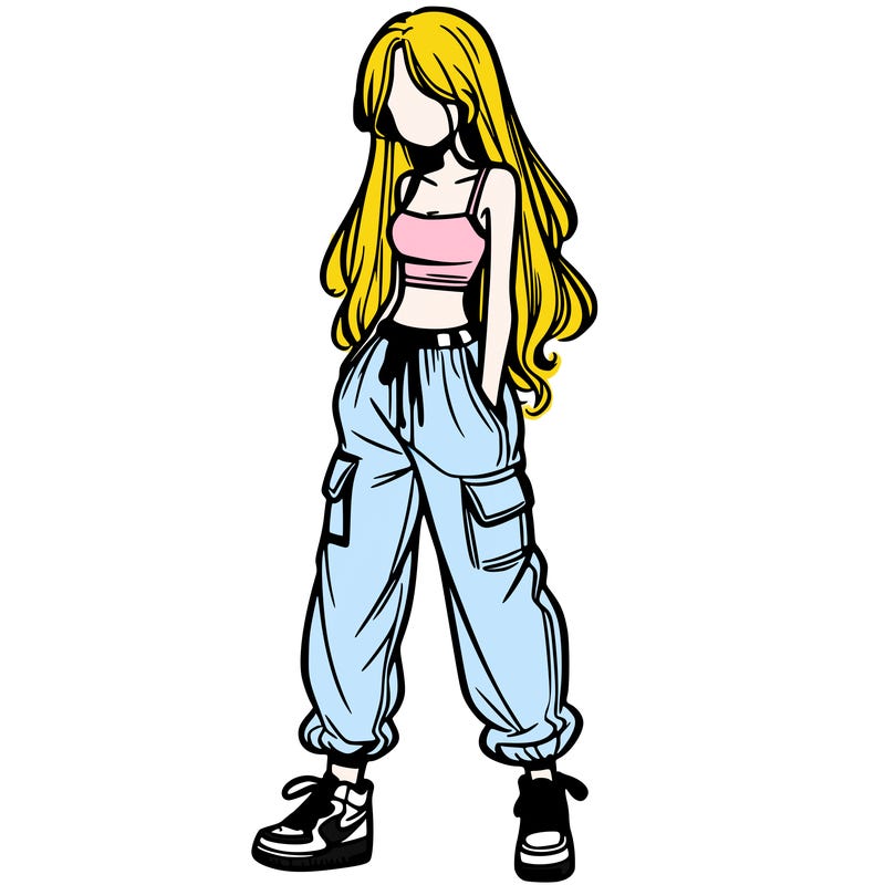girl in baggy pants crop top and long hair