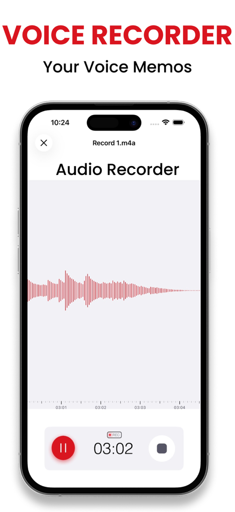 Interfaz de grabación de voz con forma de onda de audio y temporizador en la aplicación Recorder Plus