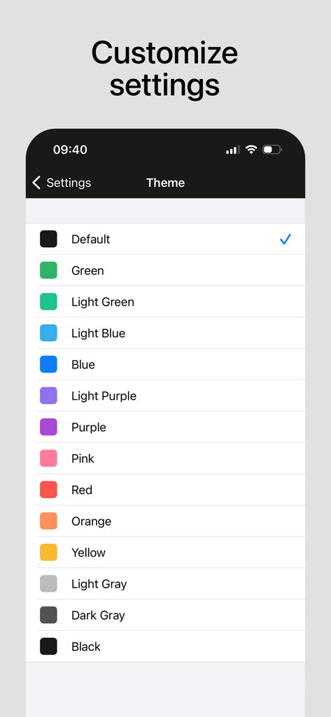 Um menu mostrando várias opções de tema de cores para personalizar a interface do aplicativo.
