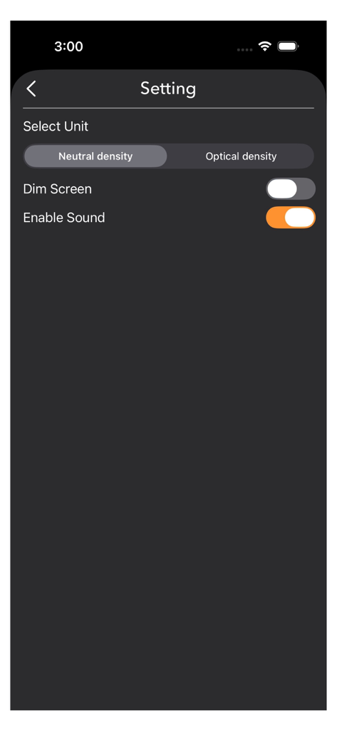Neutral Density Calculator - O menu de definições da aplicação Calculadora de Densidade Neutra mostrando a seleção de unidades para densidade neutra ou ótica e interruptores para escurecimento de ecrã e alertas sonoros.
