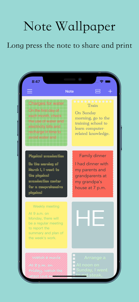 さまざまなタスクやリマインダーが付いた、カラフルなデジタル付箋のグリッドを表示するスマートフォン