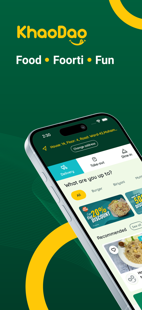 KhaoDao - KhaoDao mobile app interface showing food delivery options and promotional discounts.