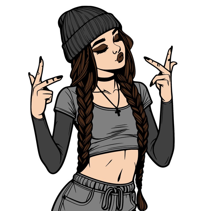 realistic teenage girl with braids and a beanie and crop top doing 🫶🏼