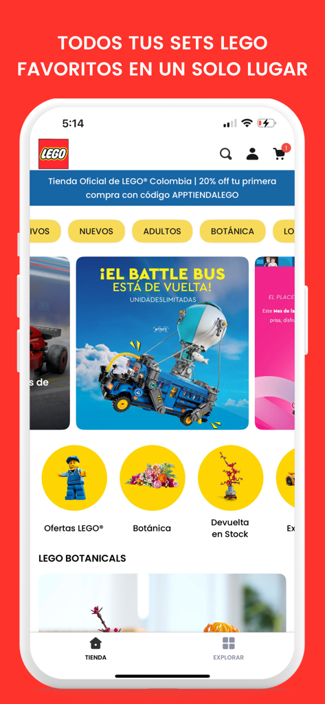 Home screen of the LEGO Chile shopping app featuring promotional banners and categories like Botanicals and Adult sets