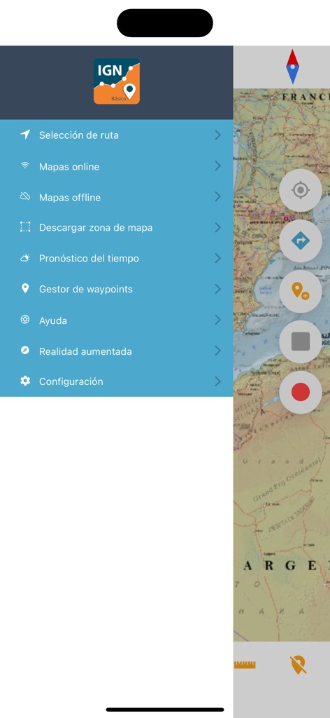オフライン地図とルートオプションを表示するMapas de España Basicosアプリのメインメニュー