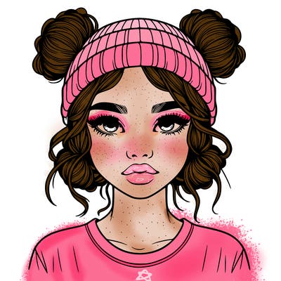 realistic girl with buns in her hair with a beanie on