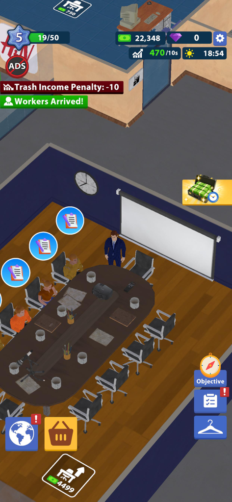 Top down view of an office meeting room with workers and a boss in the Office Life Tycoon game