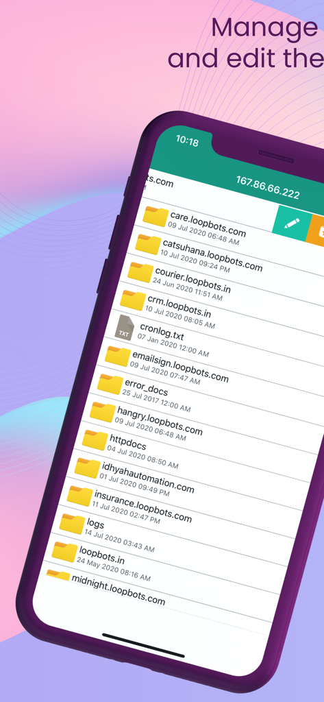 FTP Client - FTP Server Files - FTP client app interface showing a list of folders and files on a remote server