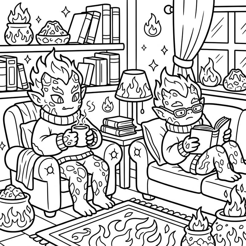Settle in for a warm, creative escape with this delightful Fire Trolls coloring page, capturing the essence of a perfect cozy weekend. Watch as these fiery creatures unwind with books and warm beverages in a charming, detail-rich setting.