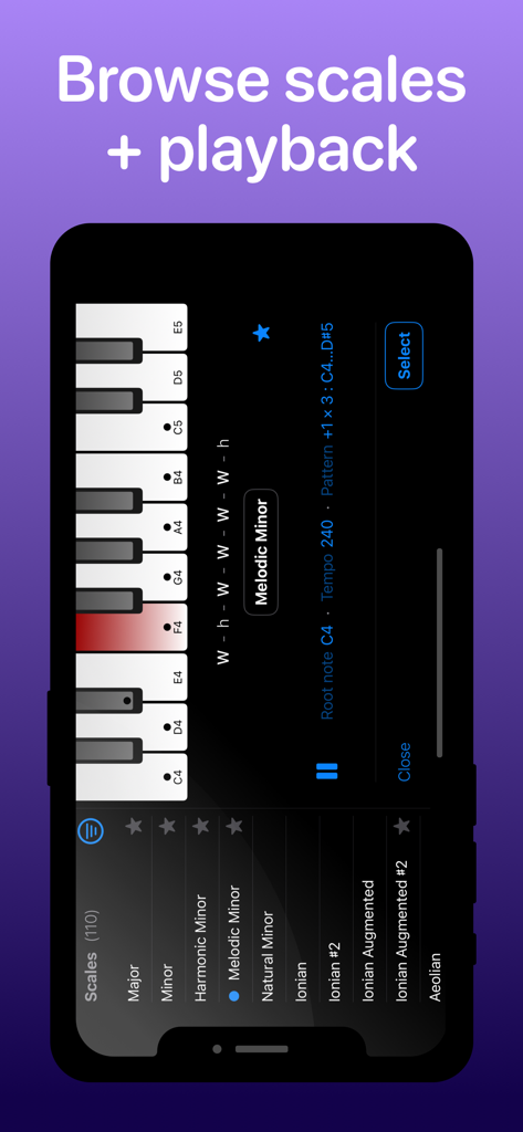 Sing Scales - Interfaz de la aplicación Sing Scales que muestra una lista de escalas musicales y un piano interactivo para práctica vocal